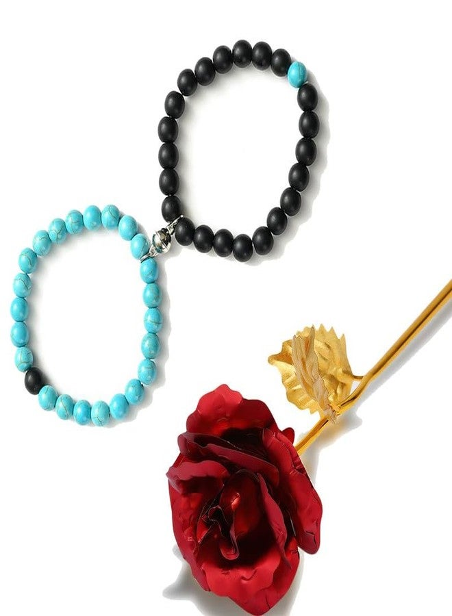 Thrillz Valentine Gift For Girlfriend Couple Bracelet For Men Women Beads Natural Stone Megnetic Heart Couple Bracelet Love Gifts With Golden Flower Jewellery - Image 1