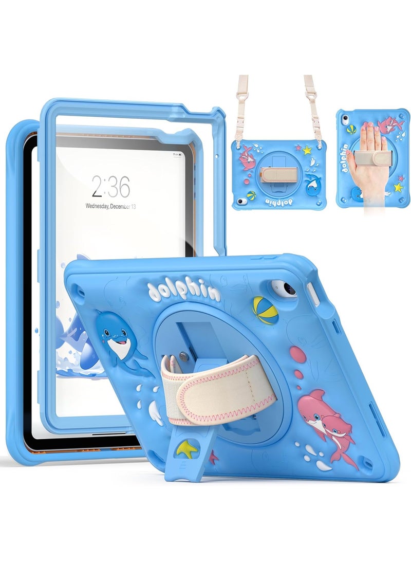 Case for iPad (A16) 11th 10th Generation 10.9" for Kids Boys, Heavy Duty Rugged Cute Cartoon Dolphins Cover with pen+Swivel Stand+Handle Strap, Azure Blue - Image 1