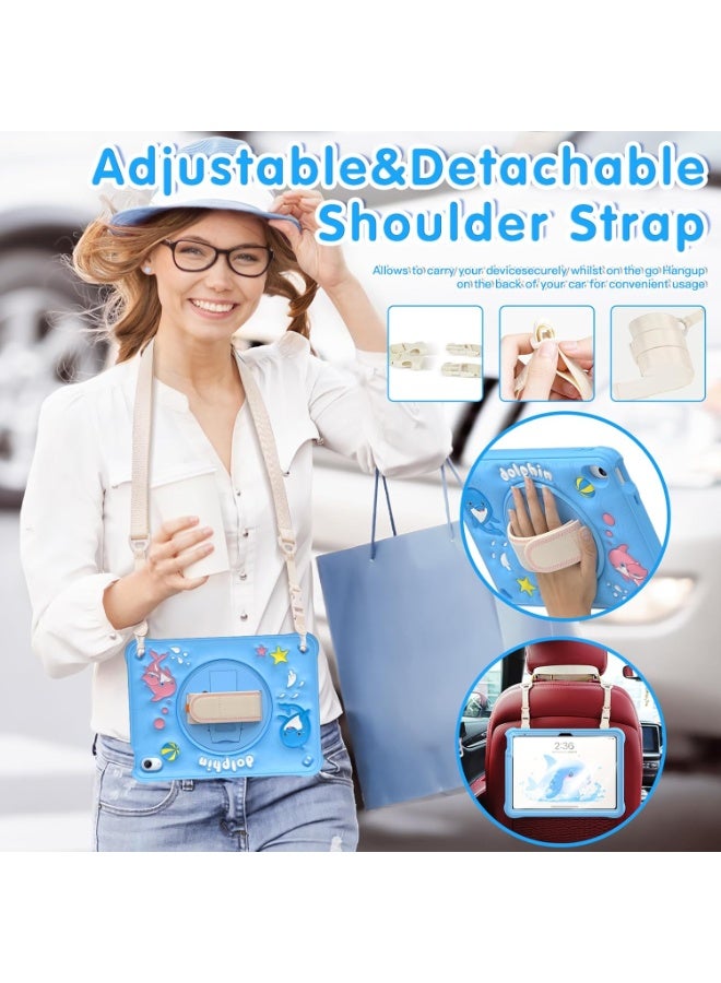 Case for iPad (A16) 11th 10th Generation 10.9" for Kids Boys, Heavy Duty Rugged Cute Cartoon Dolphins Cover with pen+Swivel Stand+Handle Strap, Azure Blue - Image 3