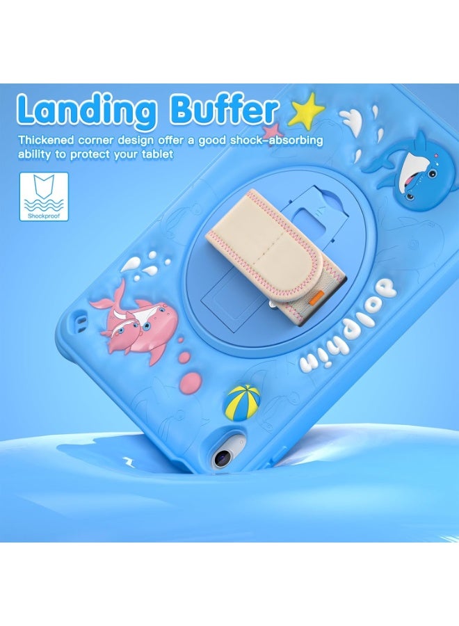 Case for iPad (A16) 11th 10th Generation 10.9" for Kids Boys, Heavy Duty Rugged Cute Cartoon Dolphins Cover with pen+Swivel Stand+Handle Strap, Azure Blue - Image 2