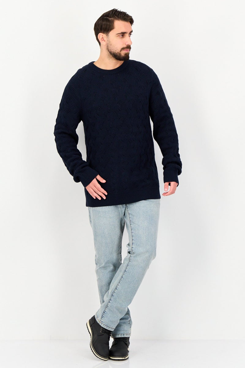 Selected Homme Men Crew Neck Long Sleeve Textured Sweater, Navy - Image 4