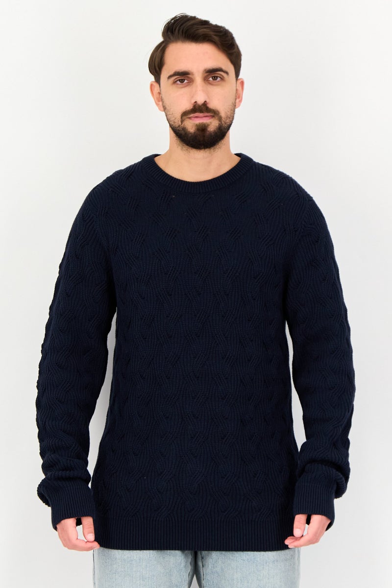 Selected Homme Men Crew Neck Long Sleeve Textured Sweater, Navy - Image 1