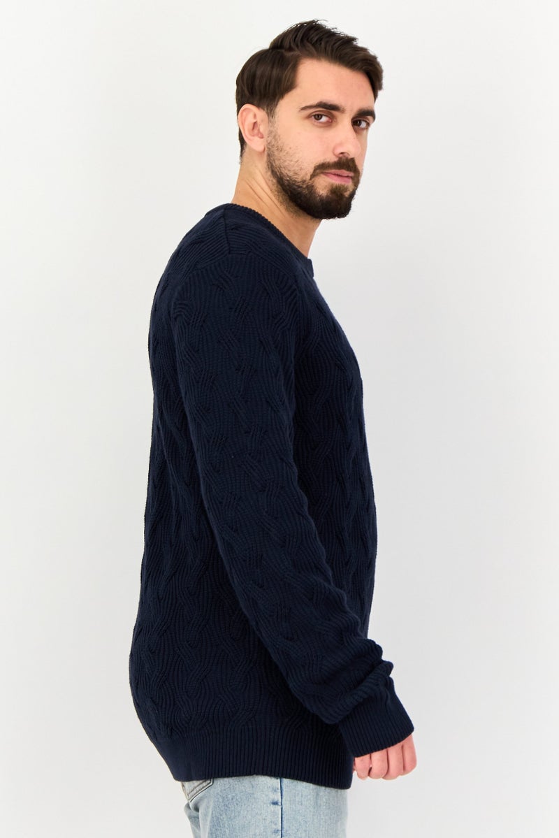 Selected Homme Men Crew Neck Long Sleeve Textured Sweater, Navy - Image 2