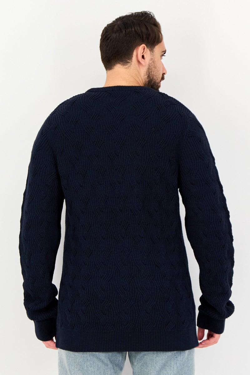 Selected Homme Men Crew Neck Long Sleeve Textured Sweater, Navy - Image 3