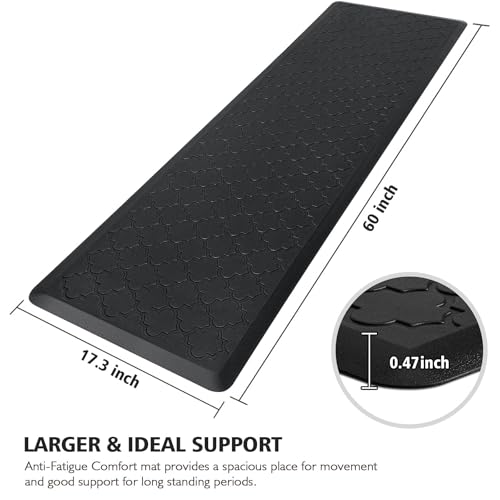 WISELIFE حصيرة مطبخ WISELIFE مبطنة مضادة للإرهاق، 17.3"x60"، سجادات ومفارش مطبخ سميكة غير قابلة للانزلاق ومقاومة للماء، حصيرة فوم ثقيلة للوقوف في المطبخ، الأرضية، المنزل، المكتب، الحوض، الغسيل، باللون الأسود - Image 2