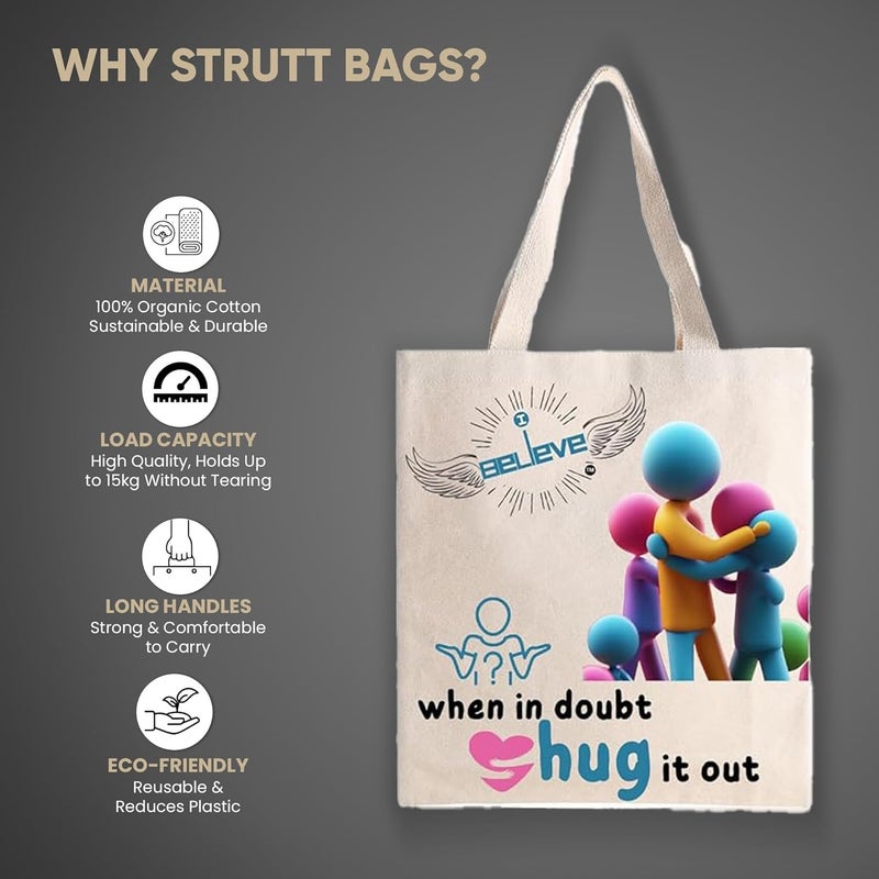 STRUTT Foldable Canvas Tote Bag for Women, Tote Bag for College Girls,100% Organic Cotton Reusable Shopping Bag for Grocery, Eco-Friendly Multi-Purpose Bag for Travel & Daily Use- in Hugs - Image 2