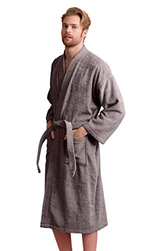 Soft Touch Linen Men's Robe, Turkish Terry Bathrobe, 100% Cotton Kimono Spa Bathrobe (Medium, Gray) - Image 2