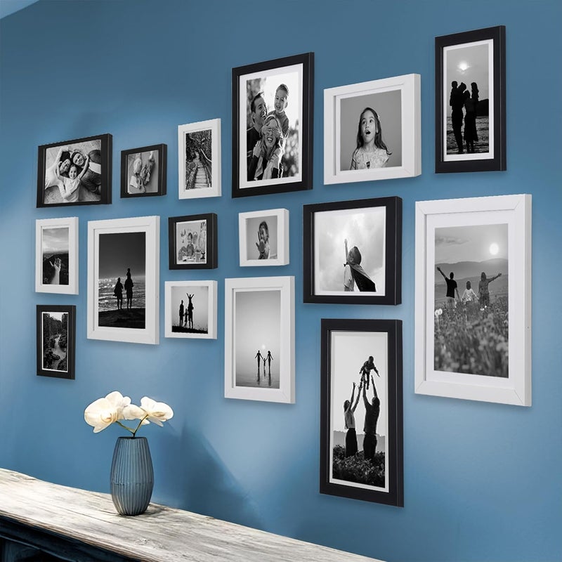 Dev Aastha Photo Frame Set of 16 Individual Wall Photo Frames/Wall Hanging For Home and Office Decoration Sizes (8 x 12, 8 x 10, 5 x 7, 4 x 6) (Black and White) - Image 1