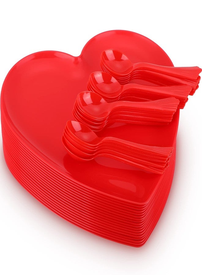 Layhit طقم ملاعق وأطباق على شكل قلب من لاي هيت مكون من 38 قطعة، يتضمن 18 صينية طعام على شكل قلب مقاس 10 بوصات، و20 ملعقة بلاستيكية لأطباق السلطة والحلوى، مناسب لحفلات عيد الحب (أحمر). - Image 1