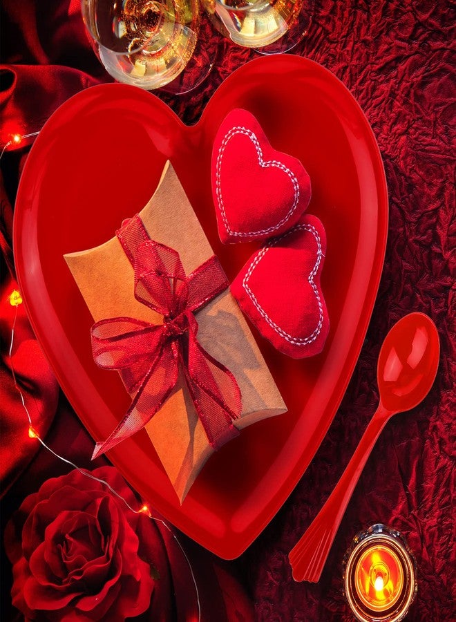 Layhit طقم ملاعق وأطباق على شكل قلب من لاي هيت مكون من 38 قطعة، يتضمن 18 صينية طعام على شكل قلب مقاس 10 بوصات، و20 ملعقة بلاستيكية لأطباق السلطة والحلوى، مناسب لحفلات عيد الحب (أحمر). - Image 2