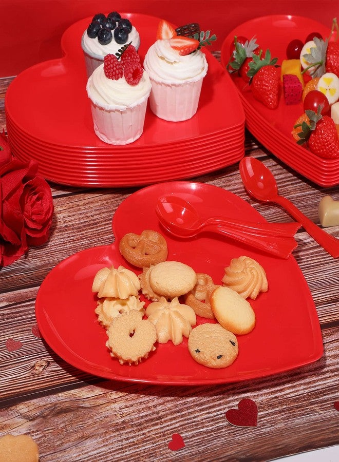 Layhit طقم ملاعق وأطباق على شكل قلب من لاي هيت مكون من 38 قطعة، يتضمن 18 صينية طعام على شكل قلب مقاس 10 بوصات، و20 ملعقة بلاستيكية لأطباق السلطة والحلوى، مناسب لحفلات عيد الحب (أحمر). - Image 5