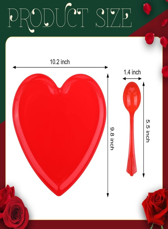 Layhit طقم ملاعق وأطباق على شكل قلب من لاي هيت مكون من 38 قطعة، يتضمن 18 صينية طعام على شكل قلب مقاس 10 بوصات، و20 ملعقة بلاستيكية لأطباق السلطة والحلوى، مناسب لحفلات عيد الحب (أحمر). - Image 3