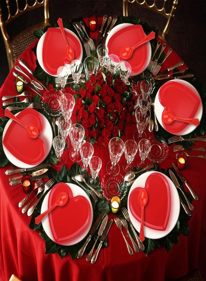 Layhit طقم ملاعق وأطباق على شكل قلب من لاي هيت مكون من 38 قطعة، يتضمن 18 صينية طعام على شكل قلب مقاس 10 بوصات، و20 ملعقة بلاستيكية لأطباق السلطة والحلوى، مناسب لحفلات عيد الحب (أحمر). - Image 4