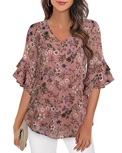 VALOLIA Ladies Tops 3/4 Sleeve: Women Blouses Dressy - Dressy Blouses For Women - Work Tops Pink Floral XX-Large - Image 1