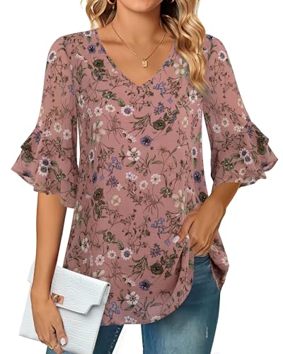 VALOLIA Ladies Tops 3/4 Sleeve: Women Blouses Dressy - Dressy Blouses For Women - Work Tops Pink Floral XX-Large - Image 2
