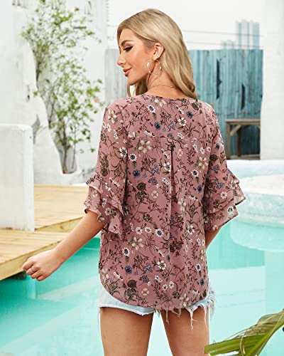 VALOLIA Ladies Tops 3/4 Sleeve: Women Blouses Dressy - Dressy Blouses For Women - Work Tops Pink Floral XX-Large - Image 4