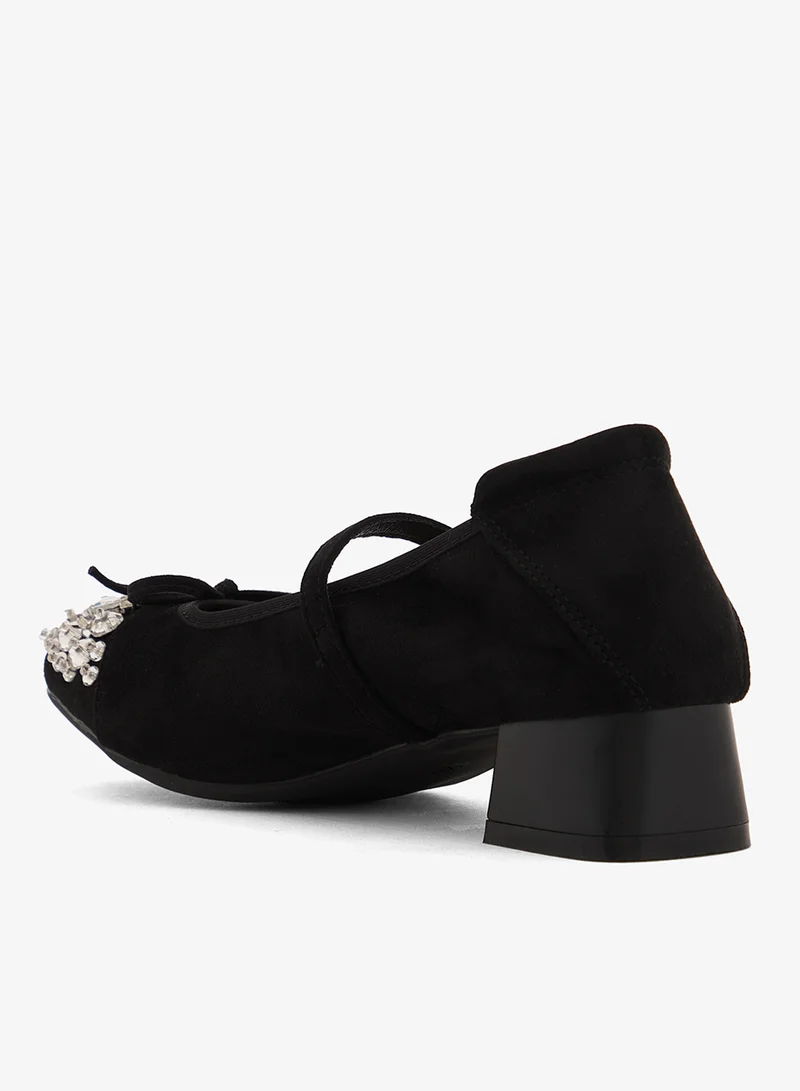 Ella Limited Edition Black Rhinestone Detail Embellished Ballet Mid Heel With Strap for Women | Best Price UAE