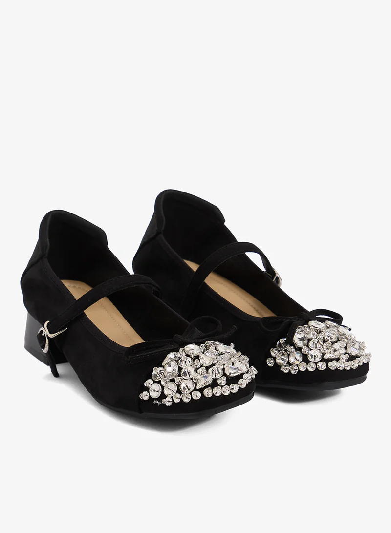 Ella Limited Edition Black Rhinestone Detail Embellished Ballet Mid Heel With Strap for Women | Best Price UAE