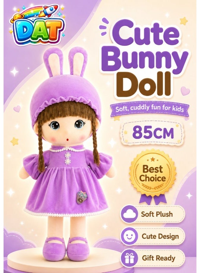 DAT Soft Plush Bunny Ear Girl Doll with Dress & Braids – Red, Pink, Purple - Image 1