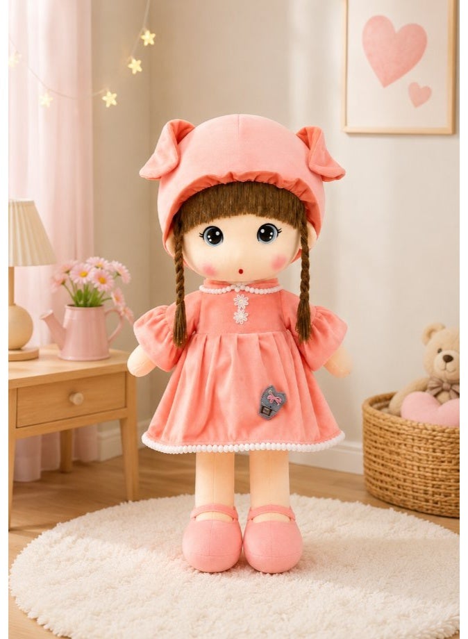 DAT Soft Plush Bunny Ear Girl Doll with Dress & Braids – Red, Pink, Purple - Image 2