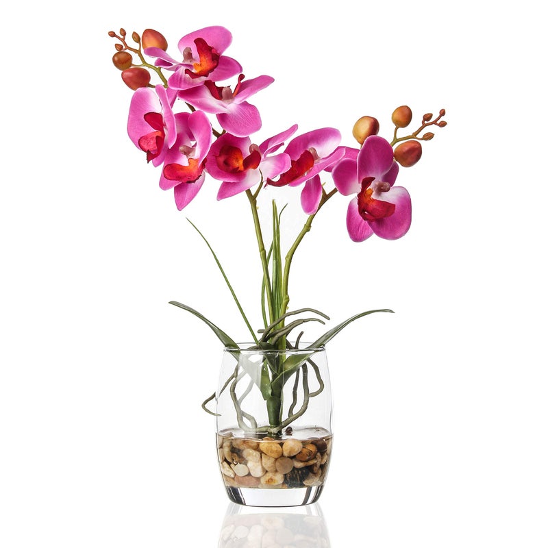Jusdreen 1 Pcs Glass Vase Artificial Orchid Flower Bonsai Vivid Phalaenopsis Flowers Potting for Home Office Dcor Table Centerpiece Room Decorations 145Glass VasePurple Orchid - Image 1