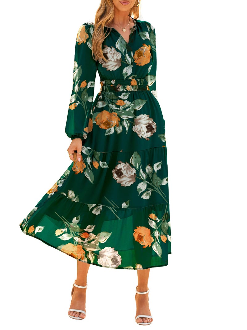 Simplee Women's Floral Boho Long Sleeve Maxi Dress V Neck Empire Waist Swing Flowy Wedding Guest Dress Green Floral M - Image 1