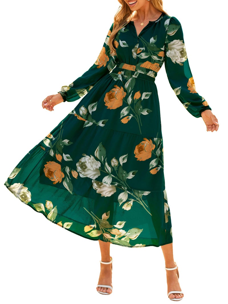 Simplee Women's Floral Boho Long Sleeve Maxi Dress V Neck Empire Waist Swing Flowy Wedding Guest Dress Green Floral M - Image 2