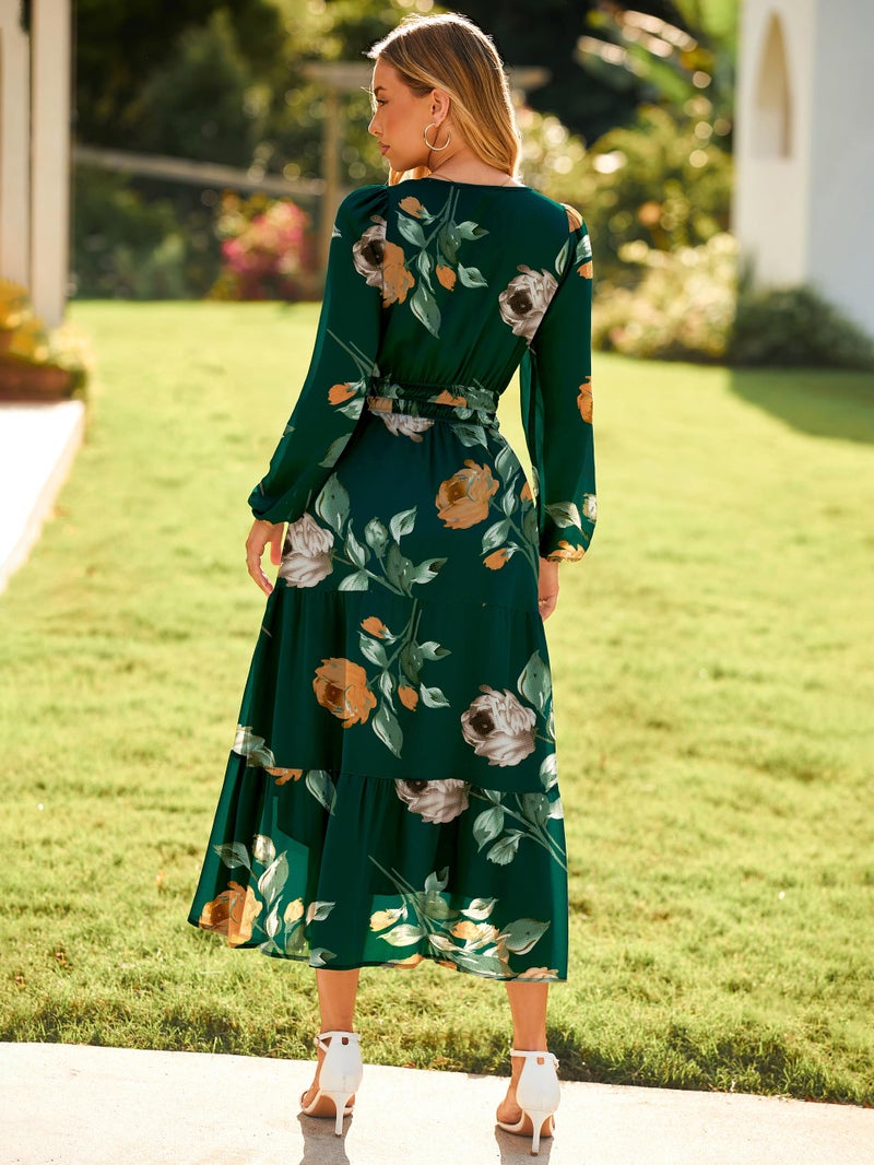 Simplee Women's Floral Boho Long Sleeve Maxi Dress V Neck Empire Waist Swing Flowy Wedding Guest Dress Green Floral M - Image 4