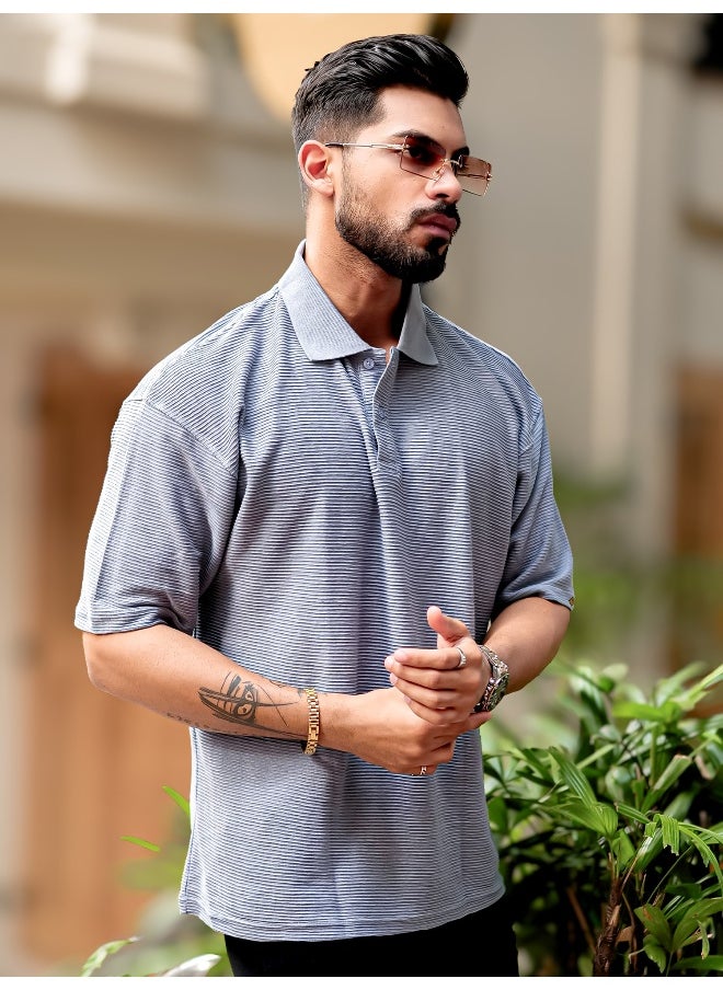 Maniac - Mens Polo Neck 3/4th Sleeve Light Grey Corduroy Fabric Tshirt - Image 1