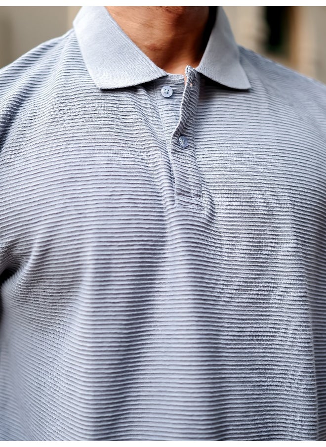 Maniac - Mens Polo Neck 3/4th Sleeve Light Grey Corduroy Fabric Tshirt - Image 1
