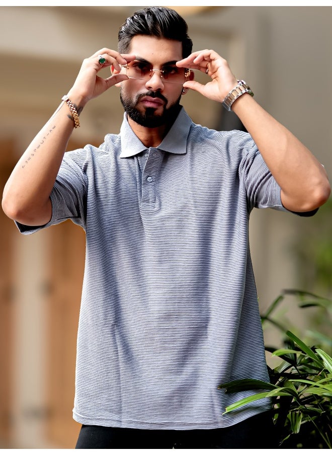 Maniac - Mens Polo Neck 3/4th Sleeve Light Grey Corduroy Fabric Tshirt - Image 1