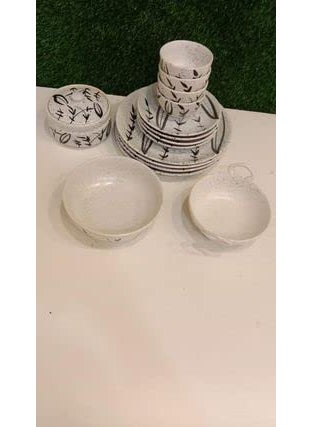 Caffeine Caffeine Ceramic Handmade Stoneware White Bamboo Dinner Set (Set of 15 Microwave & Dishwasher Safe)  - Image 1