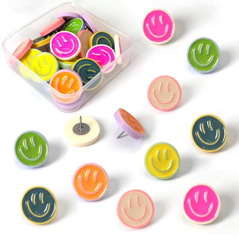 KEYDUACU 24 Smiley Face Decorative Push Pins, Cute Bulletin Board Push Pins, Thumbtacks for Cork Boards, Office Organization, or Home DÃ©cor (24-Colourful) - Image 1