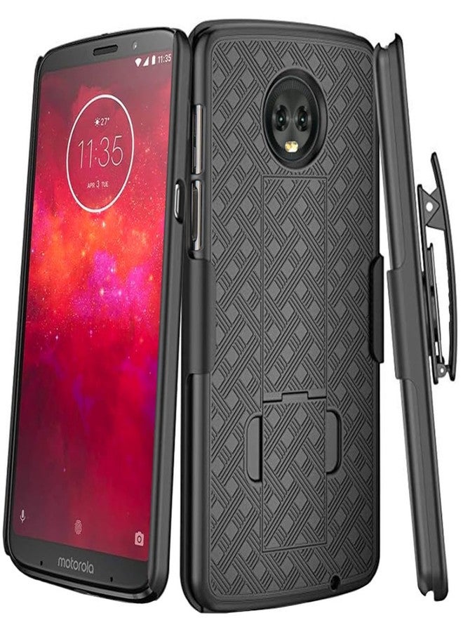ROME TECH Designed for Moto Z3 / Z3 Play (2018) Case with Belt Clip Holster - Kickstand Cover Phone Case - Black - Image 1
