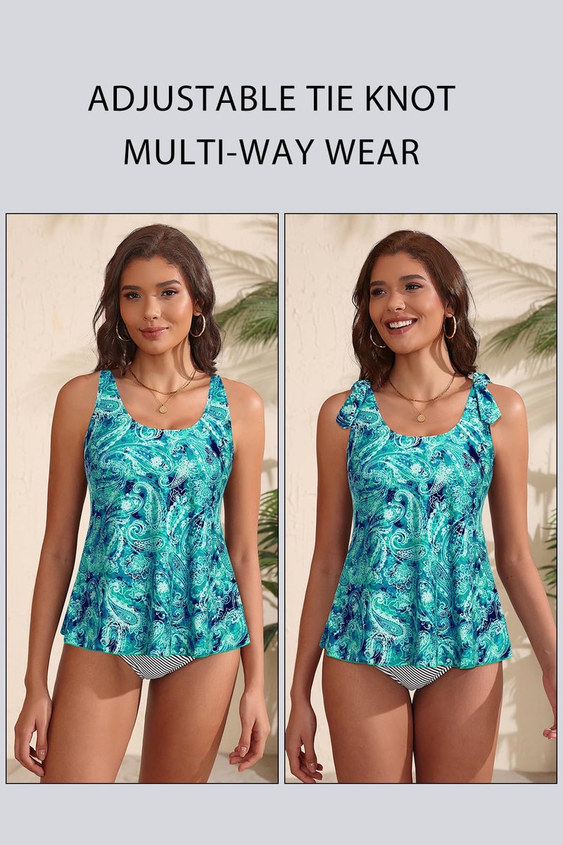 Talisea Women's Flowy Tankini Top Only- Modest Swimsuit Top Tie Knot Bathing Suit No Bottom 2025 Green Paisley X-Large - Image 4