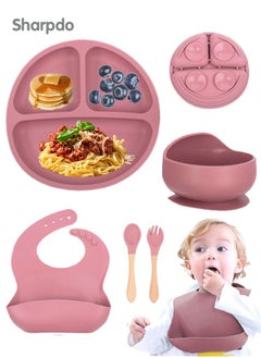 Sharpdo Silicone Baby Tableware Set, 5 Piece Baby Feeding Set with Suction Bowl and Divided Plate, Wooden Spoon and Fork, Toddler  Led Weaning Supplies with Adjustable Soft Silicone Bib  - Image 1