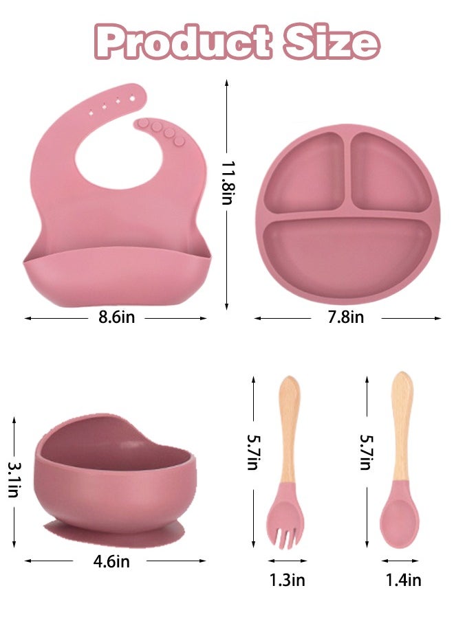 Sharpdo - Silicone Baby Tableware Set, 5 Piece Baby Feeding Set with Suction Bowl and Divided Plate, Wooden Spoon and Fork, Toddler  Led Weaning Supplies with Adjustable Soft Silicone Bib - Image 1