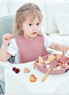 Sharpdo Silicone Baby Tableware Set, 5 Piece Baby Feeding Set with Suction Bowl and Divided Plate, Wooden Spoon and Fork, Toddler  Led Weaning Supplies with Adjustable Soft Silicone Bib  - Image 3