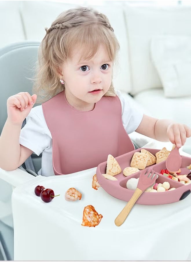Sharpdo - Silicone Baby Tableware Set, 5 Piece Baby Feeding Set with Suction Bowl and Divided Plate, Wooden Spoon and Fork, Toddler  Led Weaning Supplies with Adjustable Soft Silicone Bib - Image 1