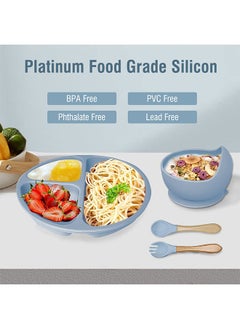 Sharpdo Silicone Baby Tableware Set, 5 Piece Baby Feeding Set with Suction Bowl and Divided Plate, Wooden Spoon and Fork, Toddler  Led Weaning Supplies with Adjustable Soft Silicone Bib  - Image 5