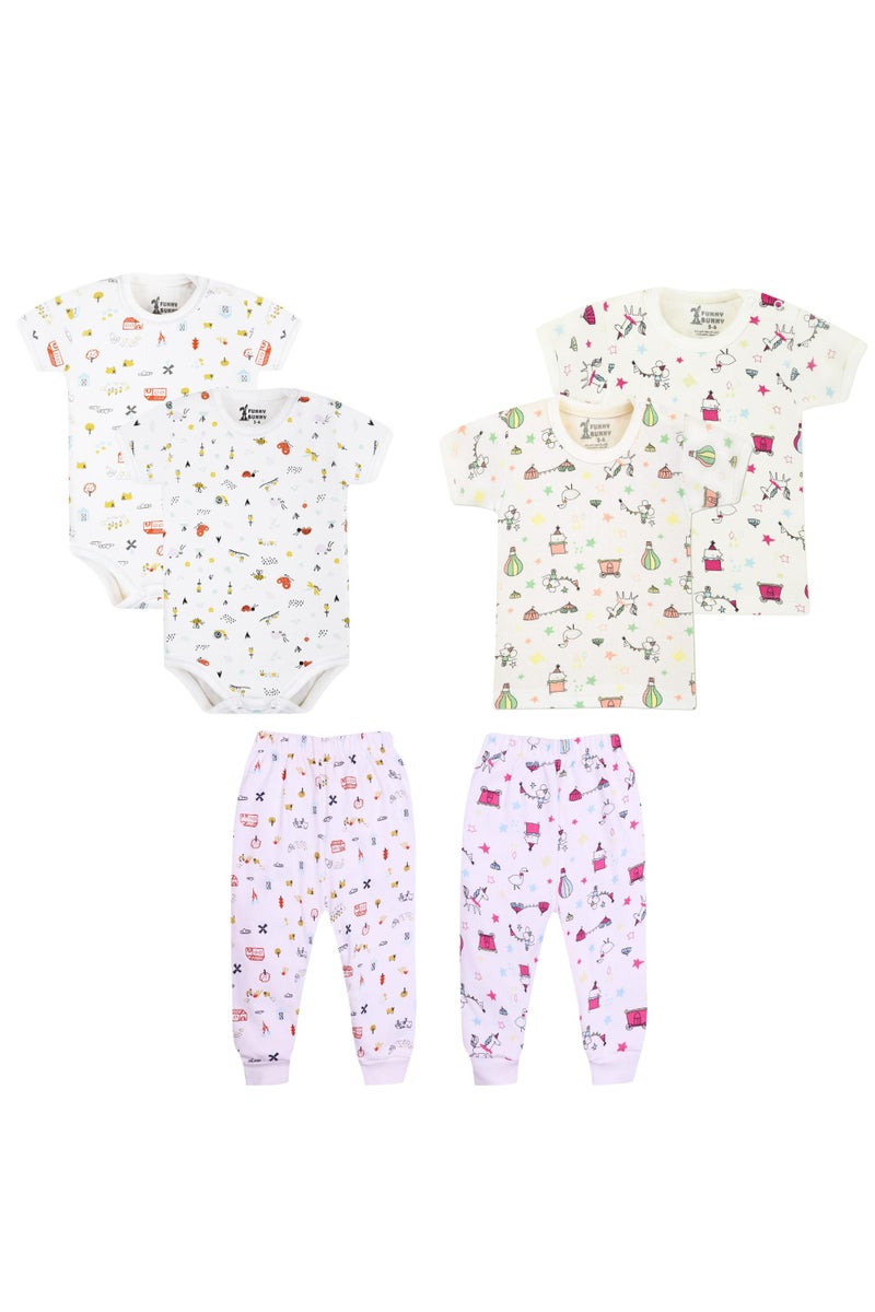 فاني باني مجموعة ملابس أطفال من مصنوعة من القطن بنسبة 100%، مكونة من قطعتين من الملابس الداخلية، و2 قميص داخلي بأكمام قصيرة، و2 بنطال، بنمط أبيض مطبوع - Image 1