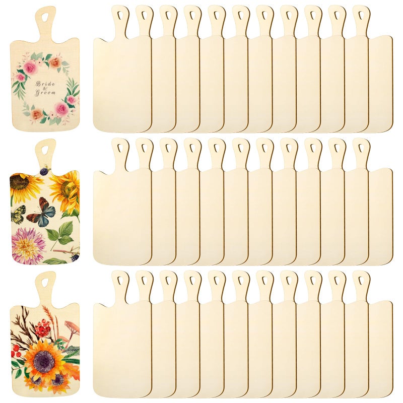 Lawei 36 Pcs Mini Wood Cutting Boards for Crafts, Rectangle Unfinished Wooden Craft Paddle Boards with Handles, Small Charcuterie Cheese Board Tray for DIY Christmas Home Kitchen Decor, 9.4 X 5.1 in - Image 1