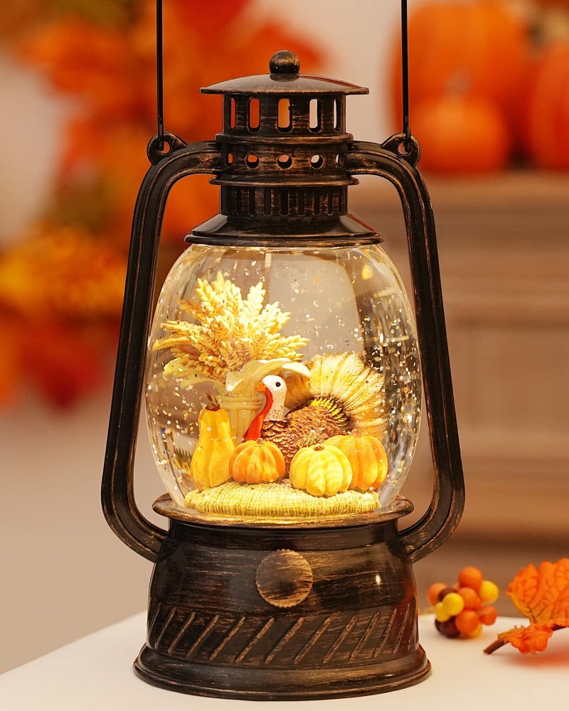 PEATOP Fall Decor Snow Globe,Thanksgiving Lighted with 6H Timer Snow Globe Lantern, Fall Decorations for Home Pumpkin Turkey Glitter Snow Globe Autumn Scene Thanksgiving Decoration for Home - Image 1