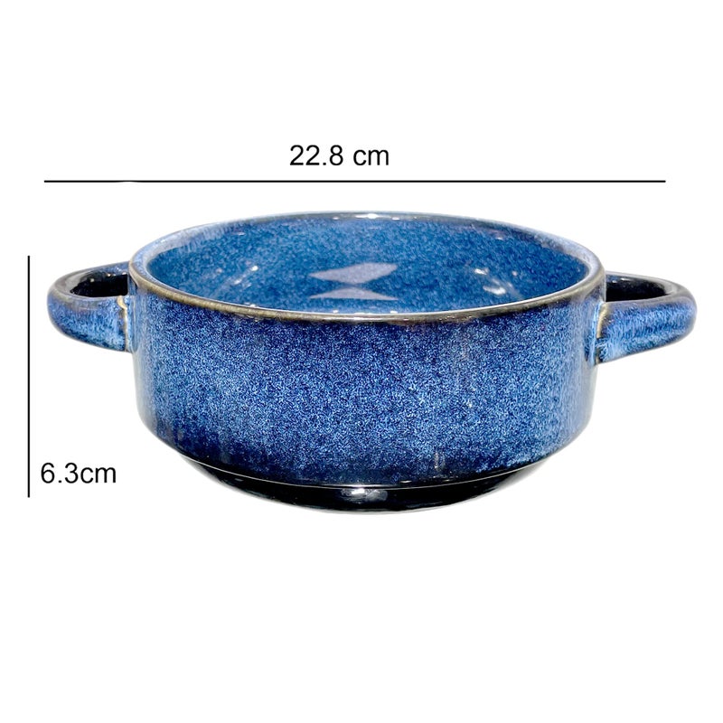 Lemon Tree Ceramic Stoneware Double Handle Small Serving Bowl for Starters and Snacks | Microwave and Dishwasher Safe (500ML, Set of 1) Blue - Image 3