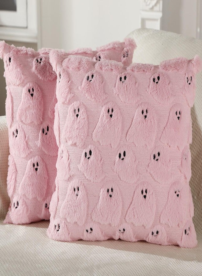 Tegeme Set of 2 Halloween Pillow Covers 18x18 Inch Ghost Throw Pillow Cases Soft Plush Couch Cushion Case for Chair Sofa Bedroom Living Room Home Decor(Pink) - Image 1