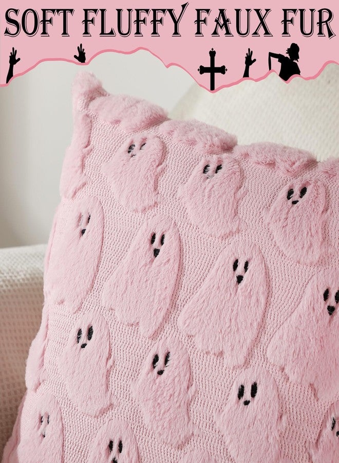 Tegeme Set of 2 Halloween Pillow Covers 18x18 Inch Ghost Throw Pillow Cases Soft Plush Couch Cushion Case for Chair Sofa Bedroom Living Room Home Decor(Pink) - Image 3