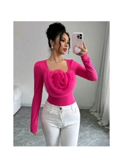 SHEIN Raffinéa Solid Color Square Neck Elegant Romantic Rose Embellished Fitted Comfortable Women Long Sleeve T-Shirt - pzsku/Z859810941C8EC673E889Z/45/_/1740231695/f0cf68d2-deb7-4257-a160-a16dccd1aa2a