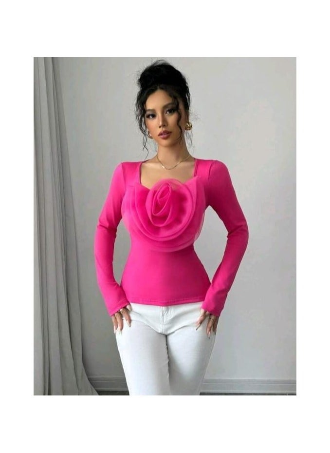 SHEIN Raffinéa Solid Color Square Neck Elegant Romantic Rose Embellished Fitted Comfortable Women Long Sleeve T-Shirt - pzsku/Z859810941C8EC673E889Z/45/_/1740231707/053f3bf2-5eeb-42a3-b8da-b0384390fb02