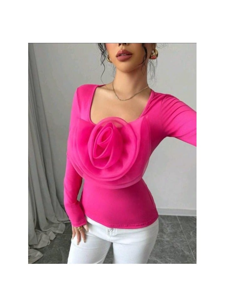 Shein SHEIN Raffinéa Solid Color Square Neck Elegant Romantic Rose Embellished Fitted Comfortable Women Long Sleeve T-Shirt  - Image 2