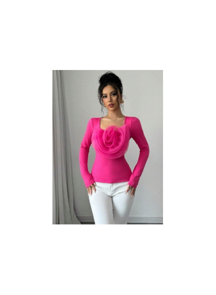 Shein SHEIN Raffinéa Solid Color Square Neck Elegant Romantic Rose Embellished Fitted Comfortable Women Long Sleeve T-Shirt  - Image 5